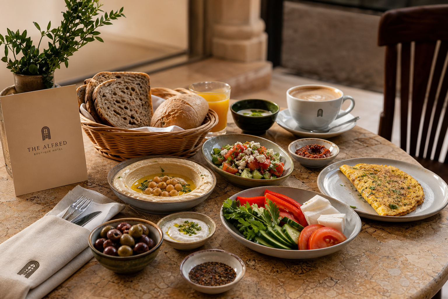 Israeli breakfast spread with fresh bread and local produce