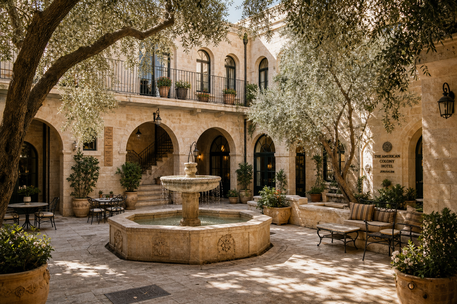 Hotel courtyard with limestone arches