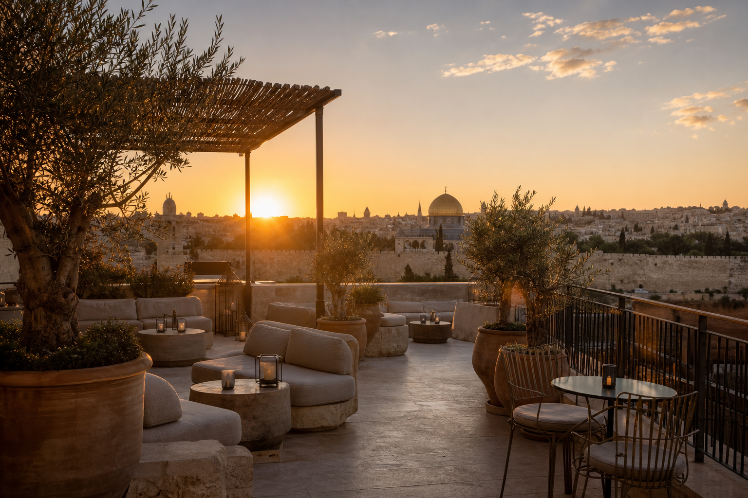 Rooftop terrace with Old City views at sunset