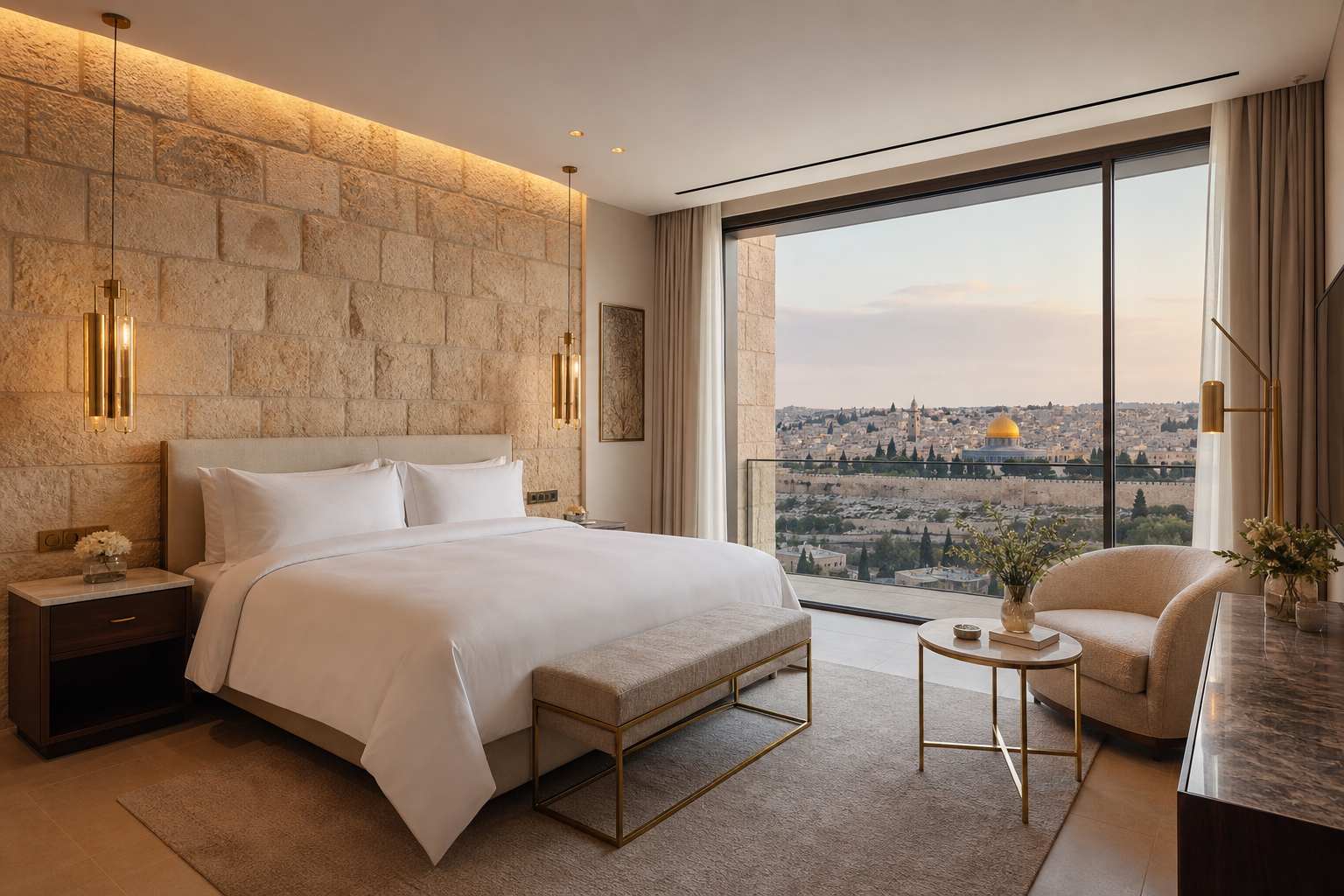 Classic Stone room with limestone wall and city view