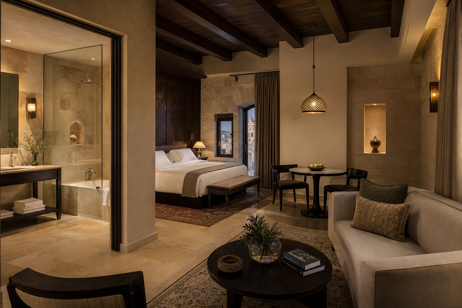 Grand Suite with sitting area and limestone bathroom